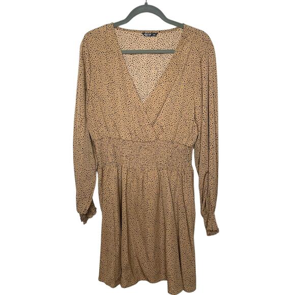 Shein Curve Long Sleeve V-Neck Dress Smocked Waist Tan W/Black Spots Size 1XL - Picture 9 of 10